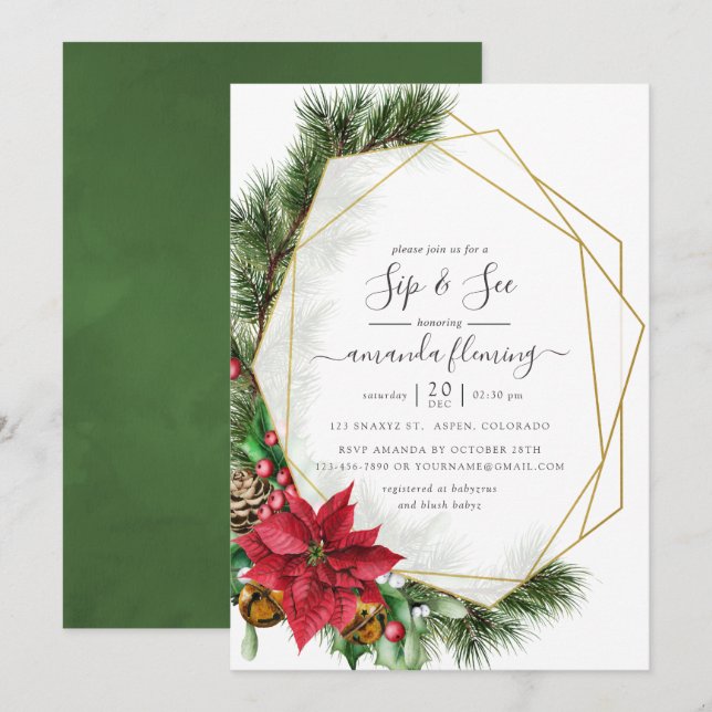 Invitation Aquarelle Florale Noël Sip géométrique et voir (Devant / Derrière)