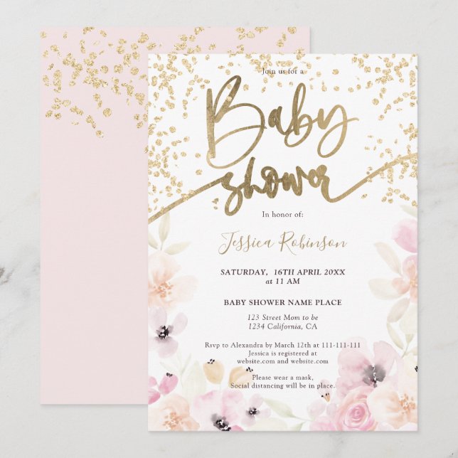 Invitation Aquarelle florale or girly rose baby shower invi (Devant / Derrière)