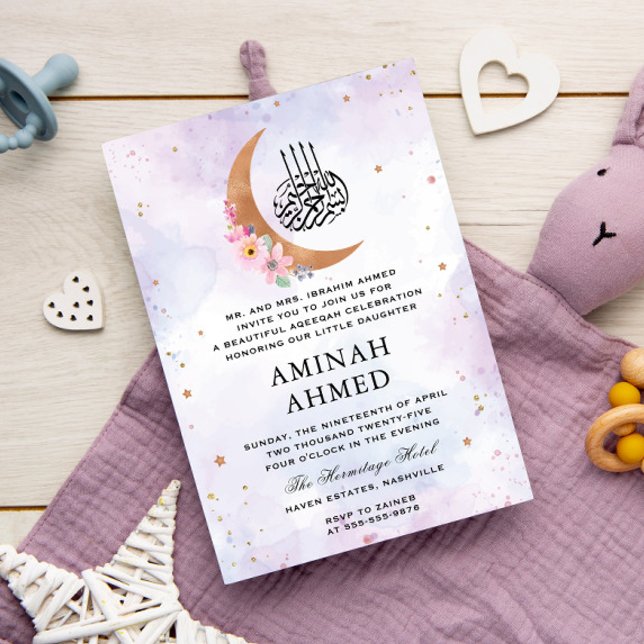 Invitation Aquarelle Florale or lune violet Aqeeqa islamique (Créateur téléchargé)