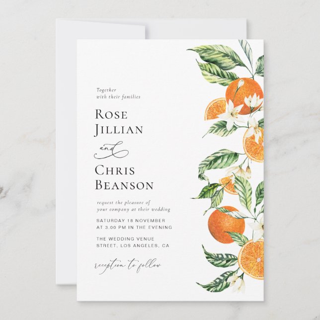 Invitation Aquarelle florale orange citrus Mariage (Devant)