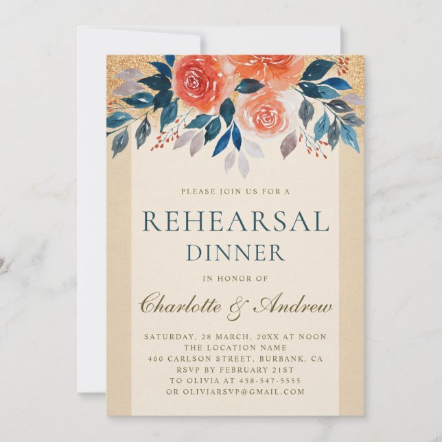 Invitation Aquarelle Florale Orange Dîner de répétition éléga (Devant)