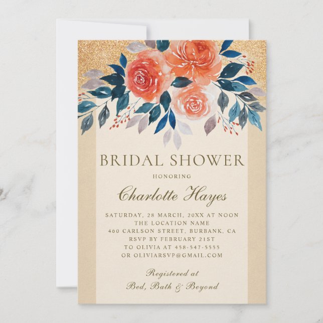 Invitation Aquarelle Florale orange Fête des mariées élégante (Devant)