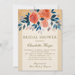 Invitation Aquarelle Florale orange Fête des mariées élégante