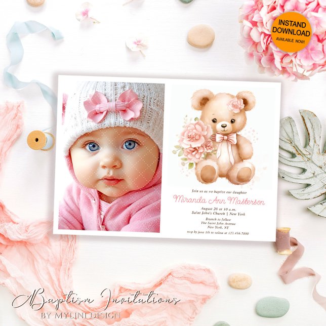 Invitation Aquarelle florale Ours en peluche, Photo Girl Bapt (Créateur téléchargé)