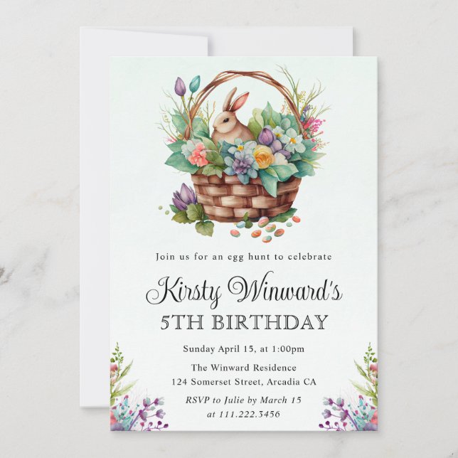 Invitation Aquarelle Florale Pâques Lapin Panier Anniversaire (Devant)