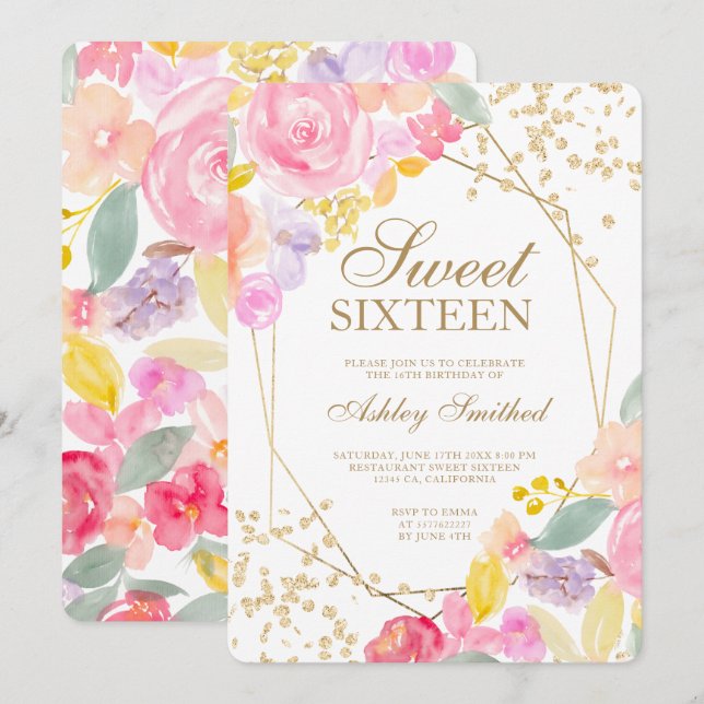 Invitation Aquarelle florale pastel parties scintillant or Sw (Devant / Derrière)