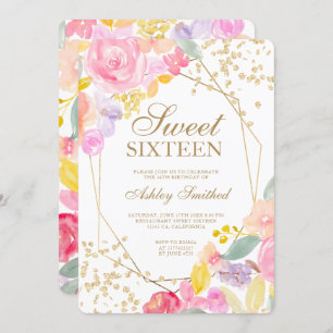 Invitation Aquarelle florale pastel parties scintillant or Sw
