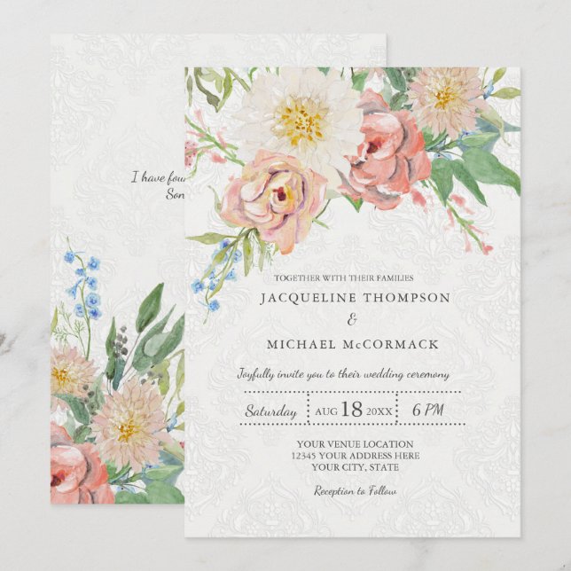 Invitation Aquarelle Florale Pastel Rose dentelle Élégante Fl (Devant / Derrière)