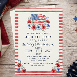 Invitation Aquarelle florale patriotique américaine pour le 4