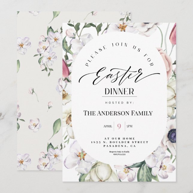 Invitation Aquarelle florale Printemps Dîner de Pâques Invita (Devant / Derrière)
