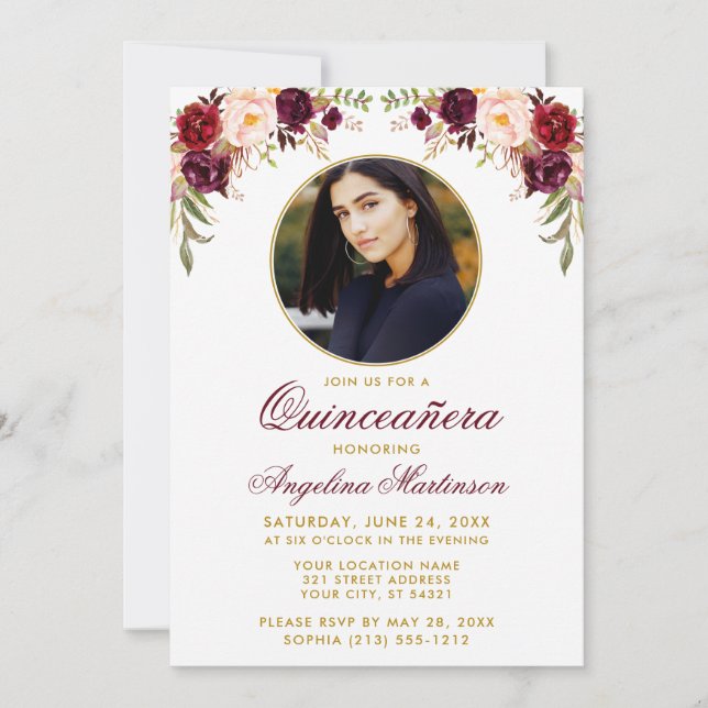 Invitation Aquarelle Florale Rond Cadre photo Quinceanera (Devant)