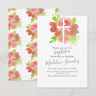 Invitation Aquarelle Florale Rose Baptême Dédicace