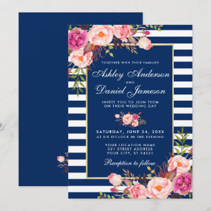 Invitation Aquarelle Florale rose Bleu Mariage
