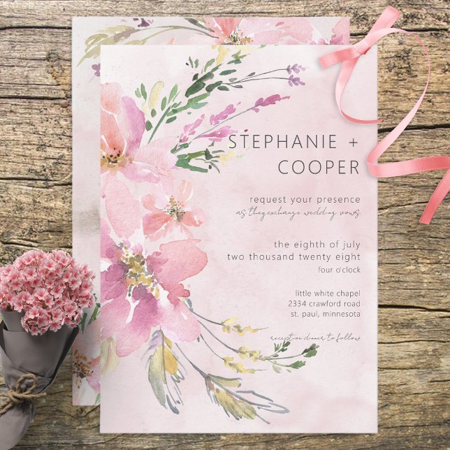 Invitation Aquarelle florale rose bleu Mariage moderne (Créateur téléchargé)