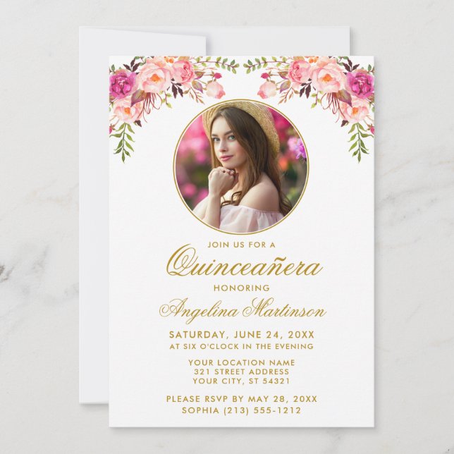 Invitation Aquarelle Florale rose Cadre rond Quinceanera (Devant)