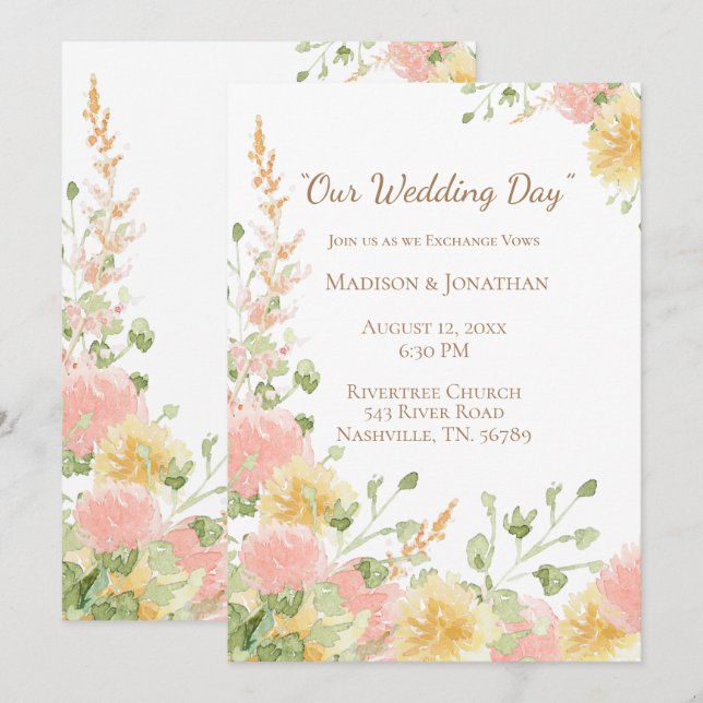 Invitation Aquarelle Florale Rose Élégant Chic Brun Script (Devant / Derrière)