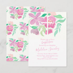 Invitation Aquarelle florale rose main peint Baptême
