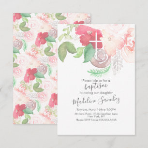 Invitation Aquarelle florale rose main peint Baptême