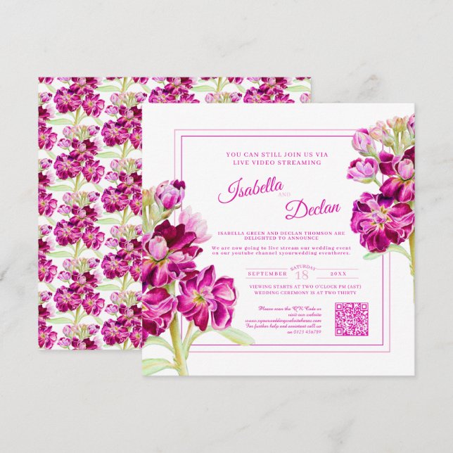 Invitation Aquarelle florale rose mariage QR Code (Devant / Derrière)