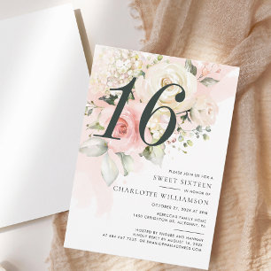 Invitation Aquarelle Florale Rose Moderne Sweet 16