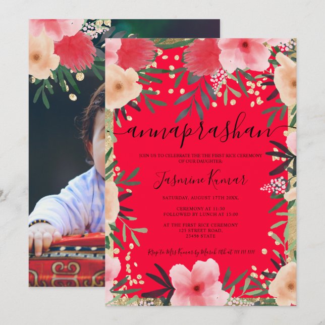 Invitation Aquarelle florale rose or Annaprashan (Devant / Derrière)