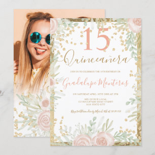 Invitation Aquarelle florale rose or Quinceanera
