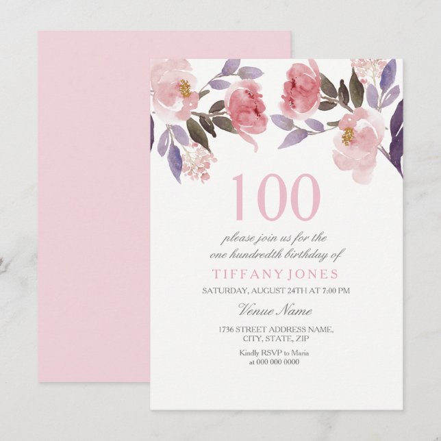Invitation Aquarelle florale rose Peach 100e anniversaire Inv (Devant / Derrière)