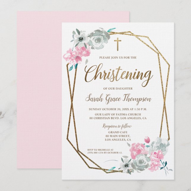 Invitation Aquarelle florale rose personnalisée Bébé Christen (Devant / Derrière)