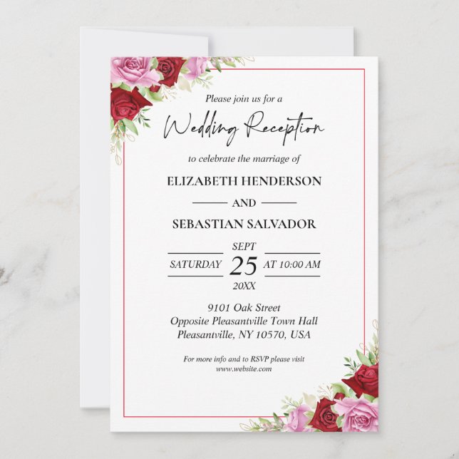 Invitation Aquarelle Florale Rose Réception de mariage (Devant)