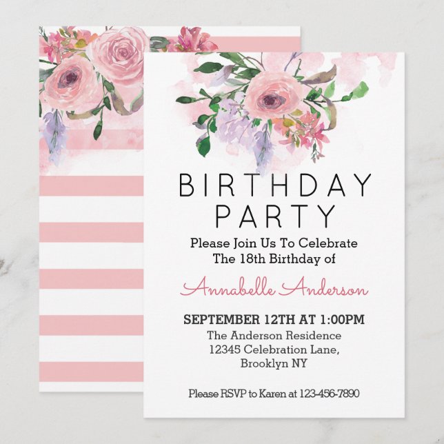 Invitation Aquarelle florale rose rose pâle 18e anniversaire (Devant / Derrière)