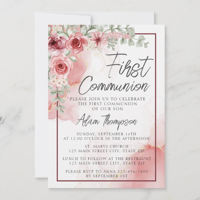 Invitation Aquarelle florale Rose rousse Première communion (Devant)