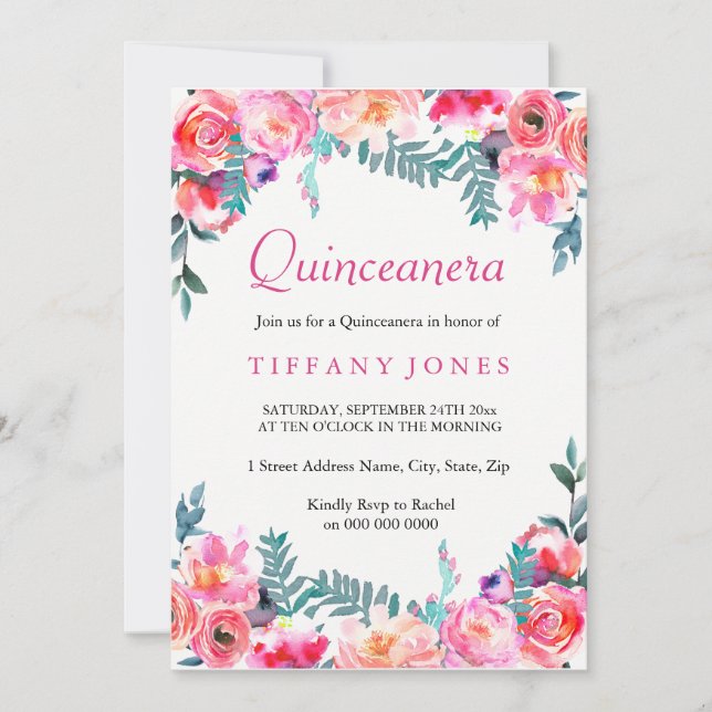 Invitation Aquarelle florale rose tropicale Quinceanera Invit (Devant)