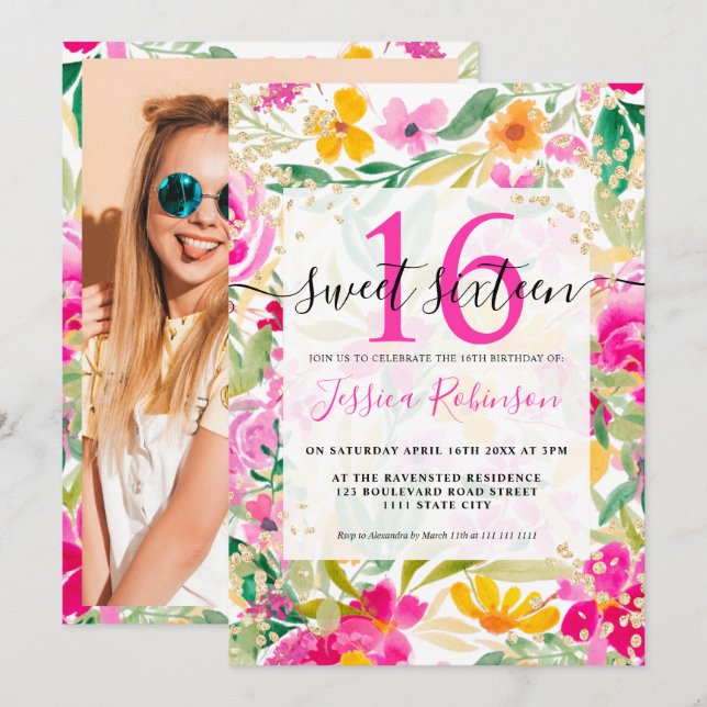 Invitation Aquarelle florale rose vif or chic Sweet 16 (Devant / Derrière)