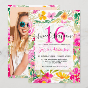 Invitation Aquarelle florale rose vif or chic Sweet 16