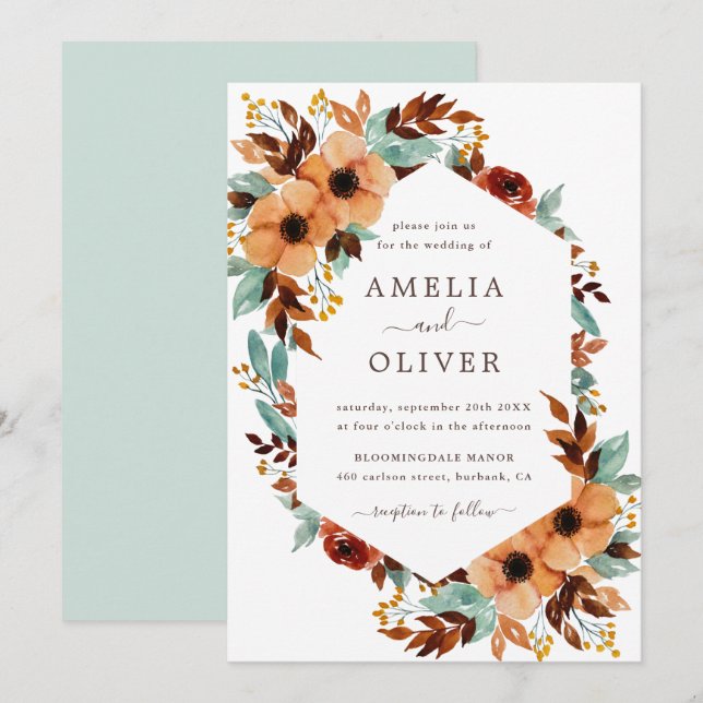 Invitation Aquarelle florale rustique Blanc et Mariage de men (Devant / Derrière)