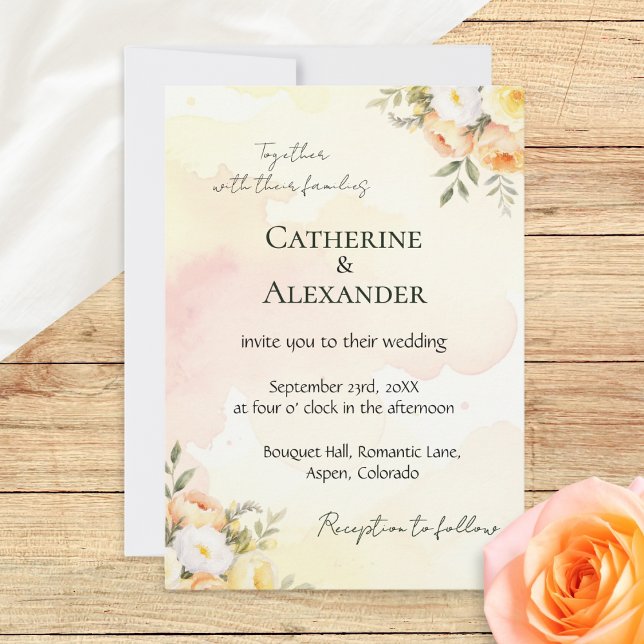 Invitation Aquarelle florale rustique Mariage chic (A pretty wedding invitation template with rustic peach, white and yellow roses in a watercolor style)