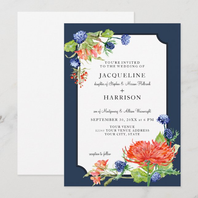 Invitation Aquarelle florale simple Marine Orange Mum Thiston (Devant / Derrière)