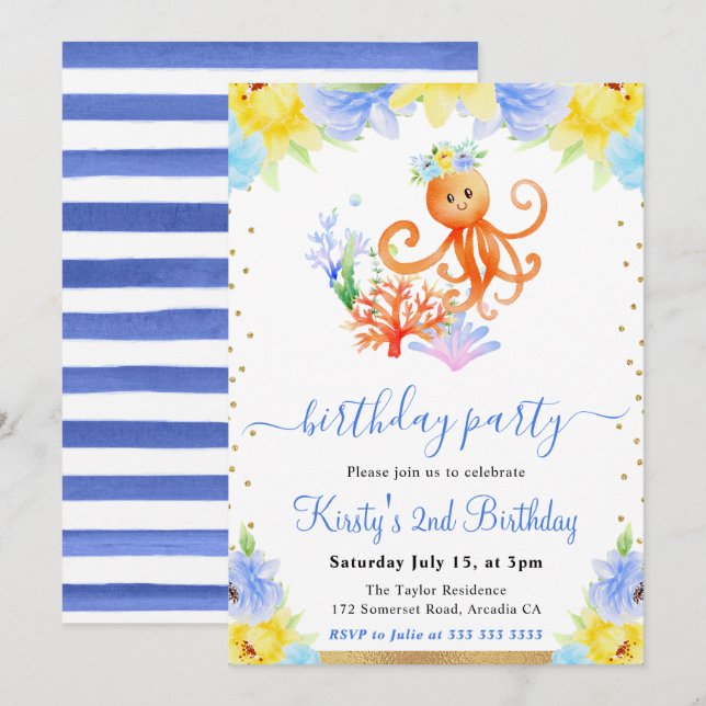 Invitation Aquarelle Florale sous-marine Octopus Anniversaire (Devant / Derrière)