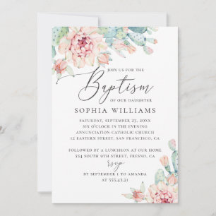 Invitation Aquarelle florale Succulente Baptême élégant
