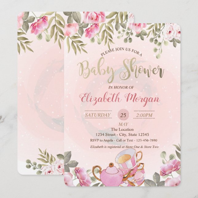 Invitation Aquarelle Florale Teapot Baby shower Macaron (Devant / Derrière)