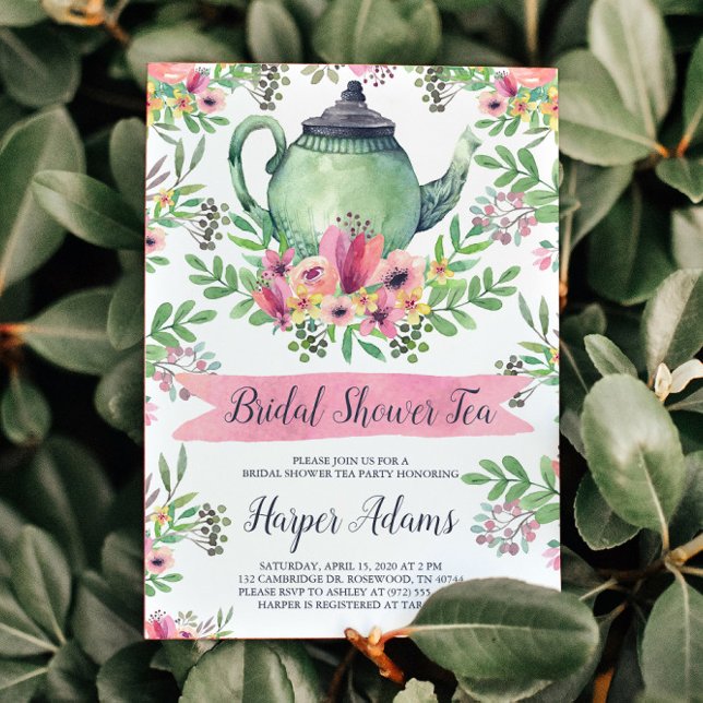 Invitation Aquarelle Florale Teapot Fête des mariées Thé (Beautiful watercolor tea party design.)