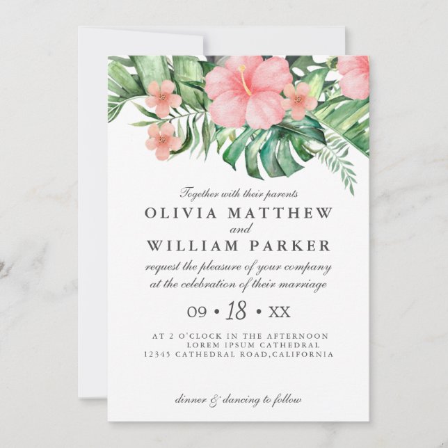 Invitation Aquarelle florale tendance Mariage vert tropical (Devant)
