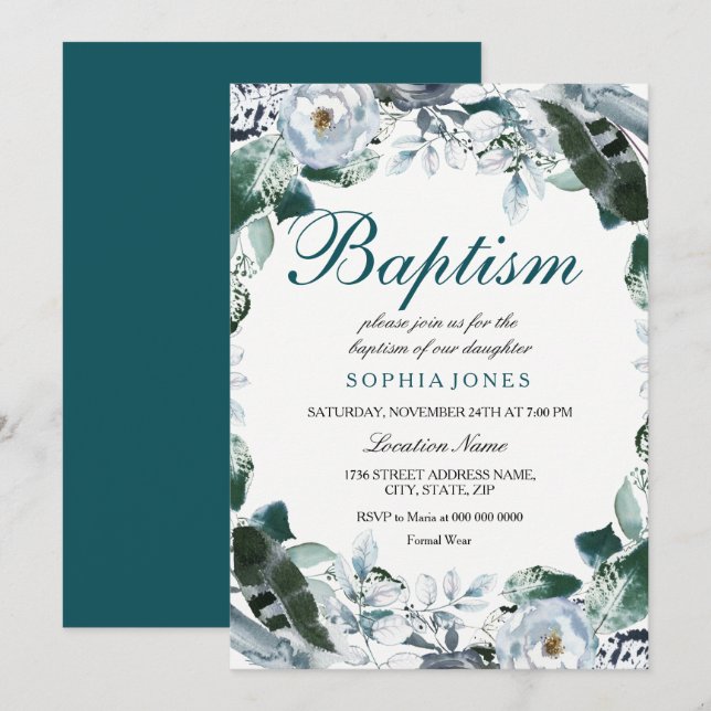 Invitation Aquarelle florale Turquoise vert Baptême Invitatio (Devant / Derrière)