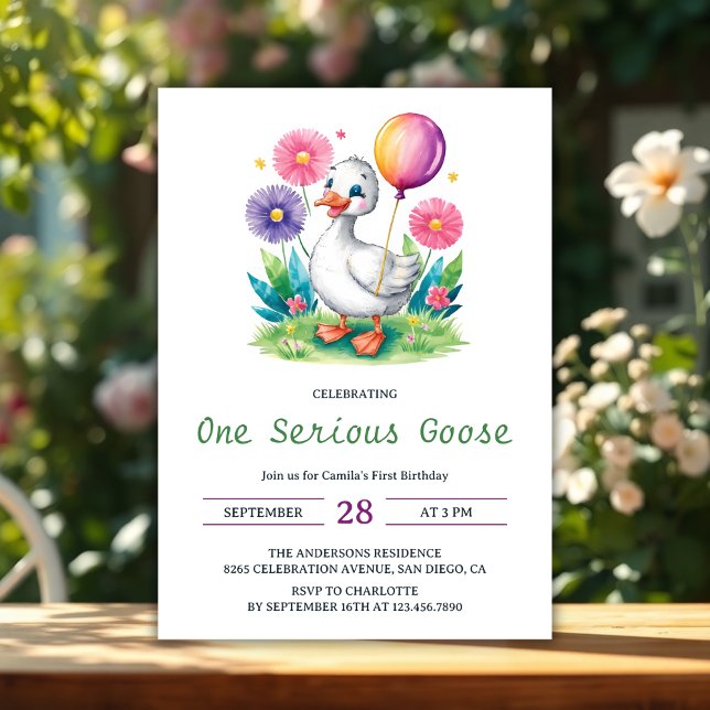 Invitation Aquarelle Florale une oie sérieuse premier anniver (Watercolor Floral One Serious Goose First Birthday Invitation)