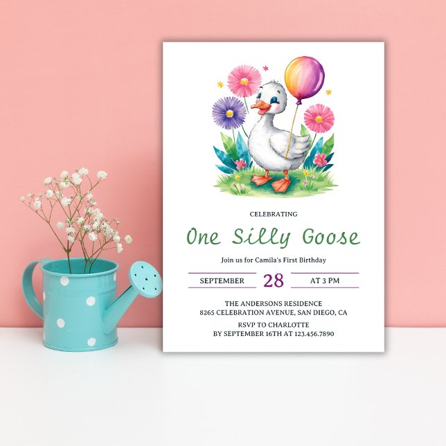 Invitation Aquarelle Florale une oie soie premier anniversair (Créateur téléchargé)