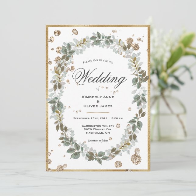 Invitation Aquarelle Florale Verdure Mariage cadre or (Debout devant)