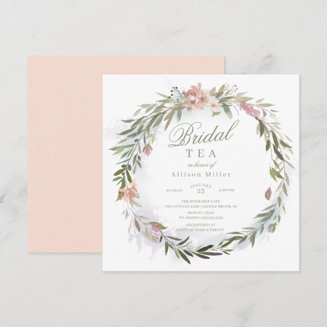 Invitation Aquarelle Florale verte Wreath Thé nuptial (Devant / Derrière)