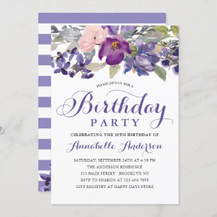 Invitation Aquarelle florale violet fille Script Anniversaire
