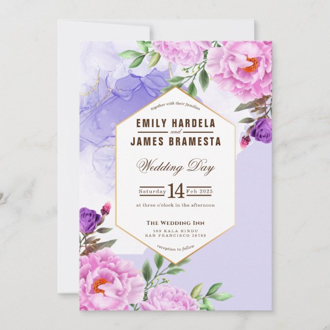 Invitation Aquarelle Florale violet Mariage Budget encadré (Devant)