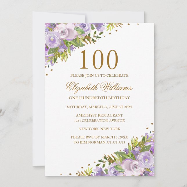 Invitation Aquarelle florale violet or 100e anniversaire (Devant)